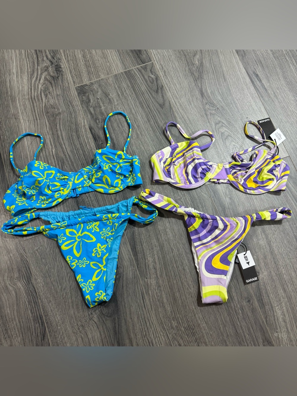 Two Garage Bikini Sets - Blue Floral & Purple Swirl